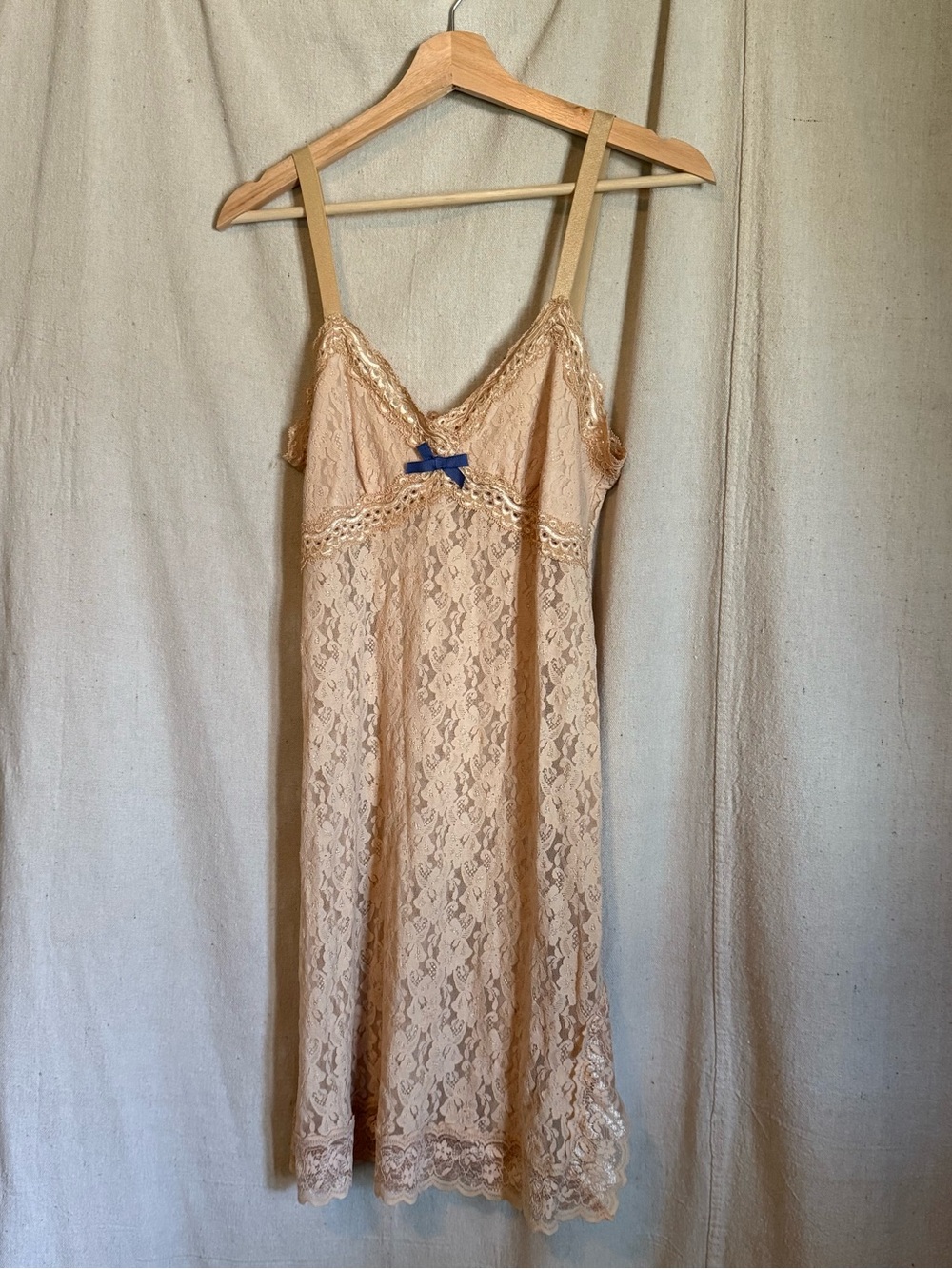 Lace Slip Dress Nightgown in Beige Cream Peach with Blue Bow